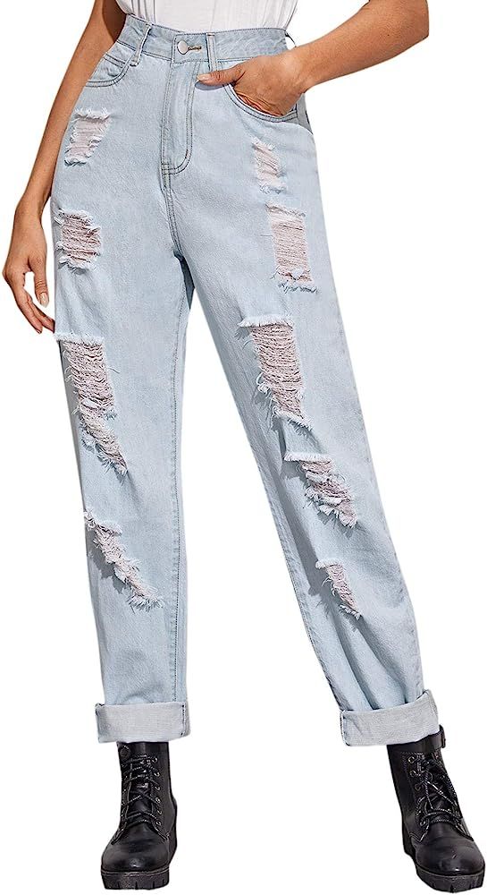 SweatyRocks Women's Ripped Boyfriend Jeans Distressed Denim Ankle Length Jeans Blue L at Amazon W... | Amazon (US)