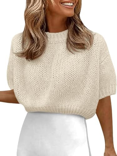 Fisoew Womens Cropped Knit Shirts Casual Puff Short Sleeve Crewneck Solid Loose Lightweight Crop ... | Amazon (US)