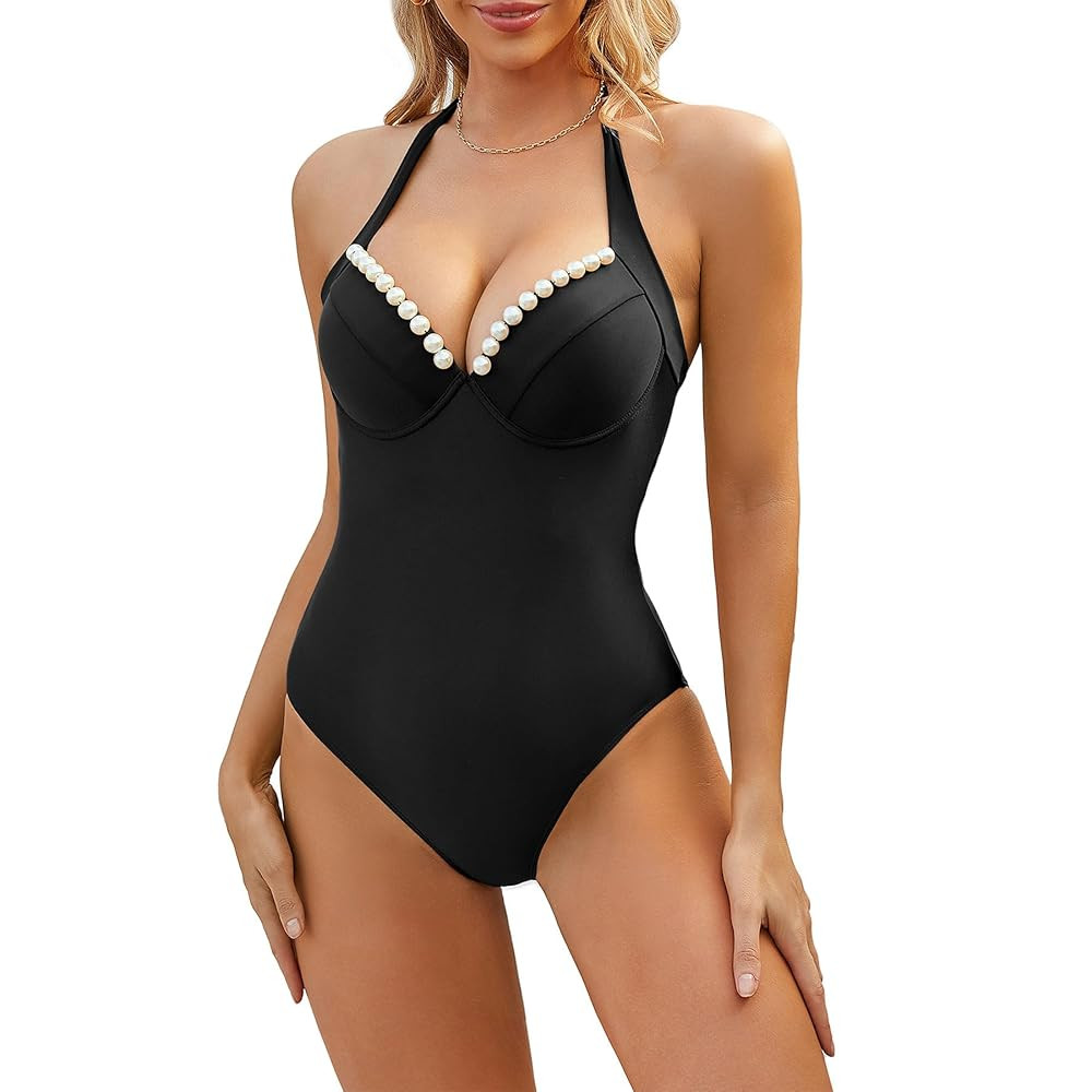 Zando Womens Pearl V Neck One Piece Swimsuit Women Tummy Control Bathing Suit for Women Sexy Lace... | Amazon (US)