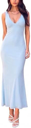 BORIFLORS Women's Sexy V Neck Bodycon Maxi Cocktail Dress Mesh Sleeveless Beach Wedding Guest Lon... | Amazon (US)