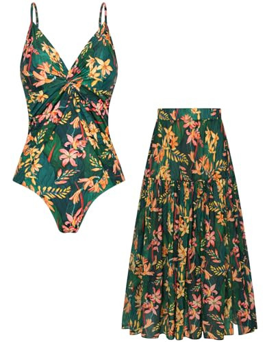 GRACE KARIN Women's One Piece Swimsuits with Cover Up Skirt Tummy Control V Neck Bathing Suits Dark Green Floral X-Large | Amazon (US)