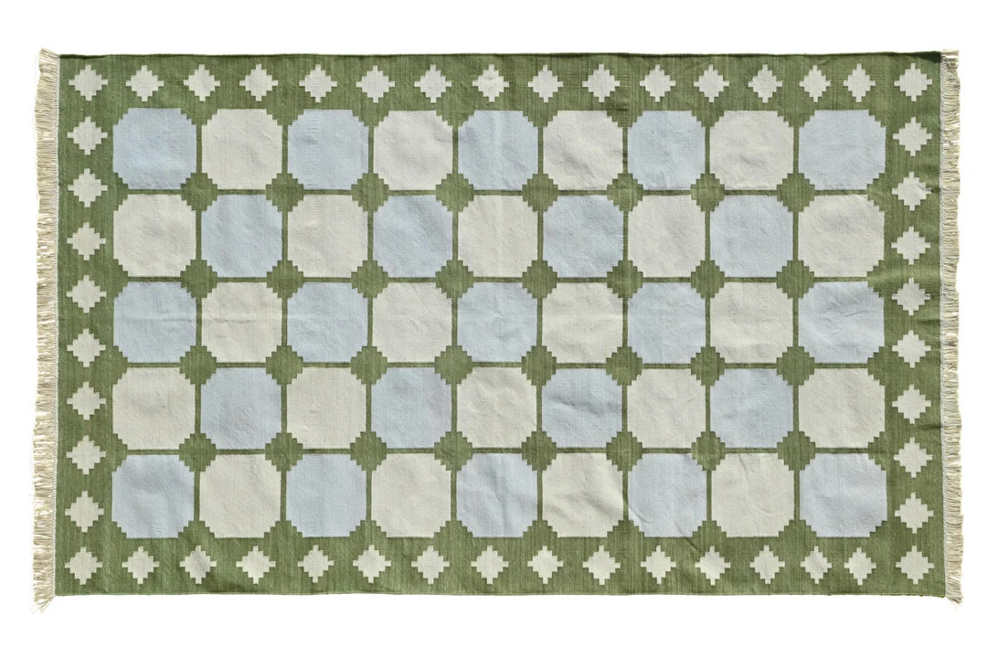 Modern Handmade Cotton/wool Area Rug Green Blue Indian Dhurrie Rug Reversible Kilim Natural Dyed ... | Etsy (US)