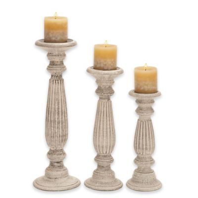 Ridge Road Décor  3-Piece Ribbed Wood Candle Holder Set in White | Bed Bath & Beyond