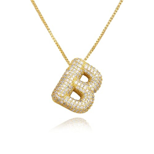 18K Bubble Letter Necklace Gold for Women, Chunky Gold Necklace Rhinestone Initial Necklaces as Christmas Birthday Gifts Charm Puff Name Pendant Alphabet Necklaces Non Tarnish Gold Plated Jewelry | Amazon (US)
