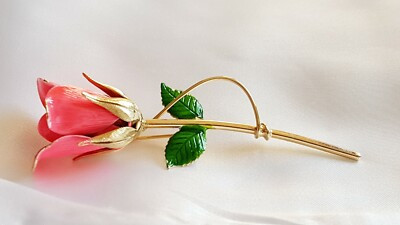 Brooch ~ Rose Flower ~ Pink & Green Enamel ~ Gold Tone ~ Vintage | eBay UK