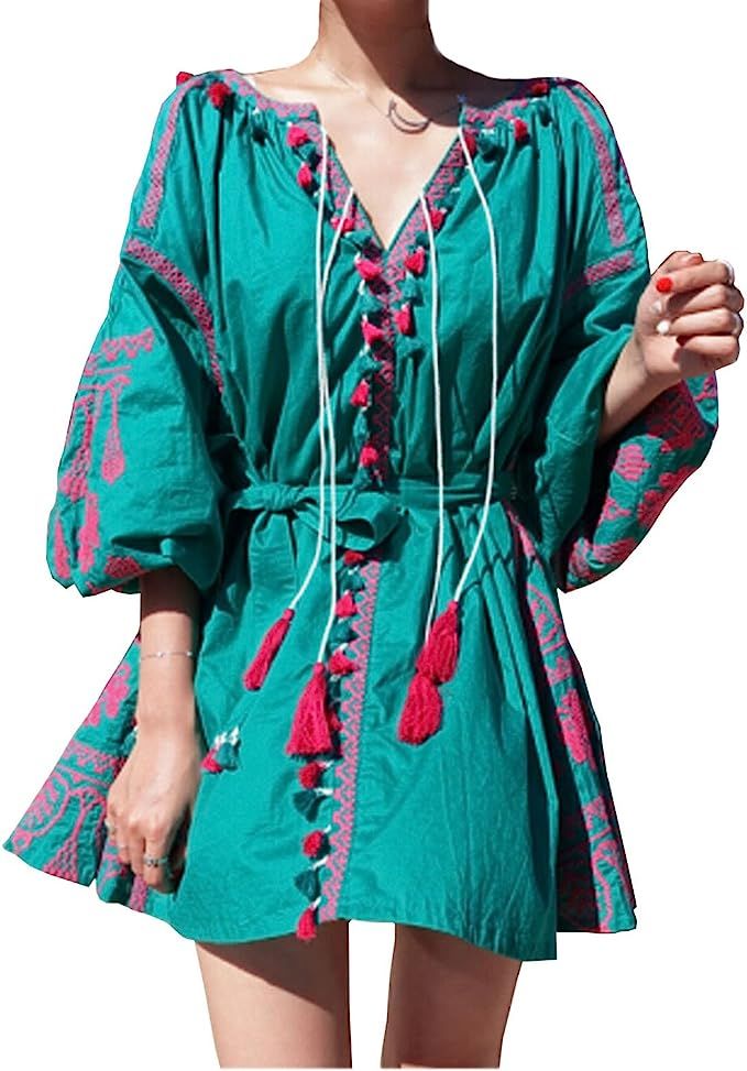 R.Vivimos Women's Tassel Embroidered Short Dresses with Belt | Amazon (US)