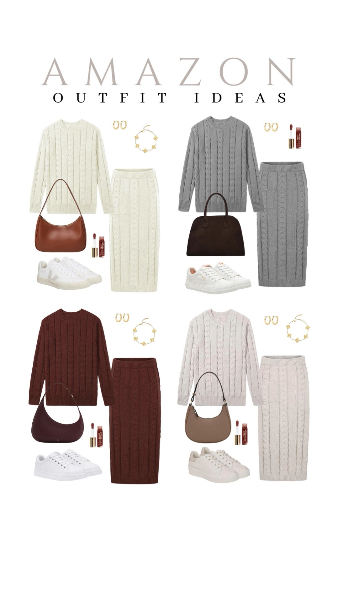 Is there anything better than finding a set that's both comfy and cute? This chunky knit sweater set comes with a long sleeve cable knit sweater and a matching skirt! 
matching set, easy outfit idea, white sneakers, functional bag, amazon fashion, affordable outfits, fall fashion, fall outfit idea

#LTKSeasonal #LTKU #LTKStyleTip