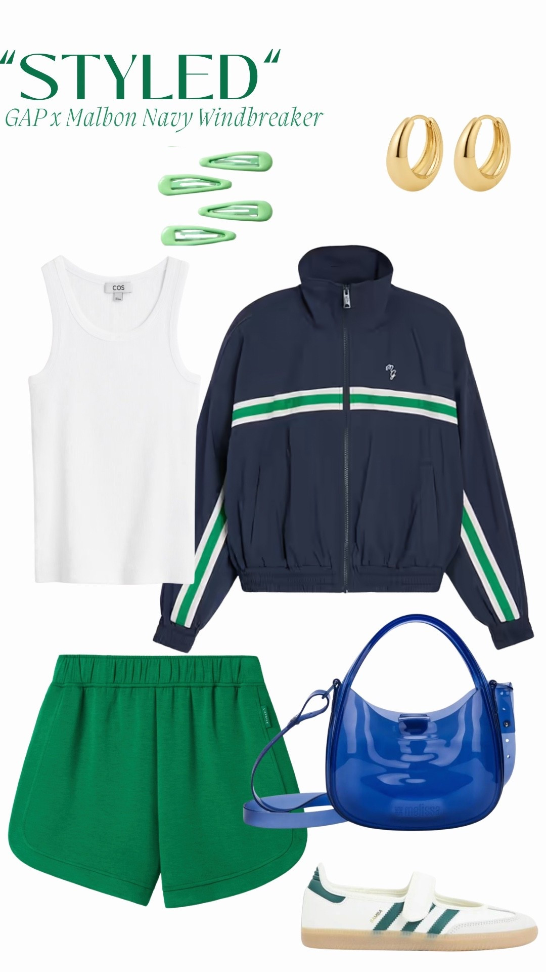 “Styled”
GAP x Malbon Navy Windbreaker

White Ribbed Tank:COS
Green Shorts: LilySilk (SILKAIRY Curve Hem Shorts)
Transparent Blue Crossbody Bag: Melissa
White & Green Sneakers: Adidas (Samba Janes)
Gold Hoops: LUV AJ (Marbella Hoops)
Light Green Snap Clips: Urban Outfitters

#LTKootd #LTKfitnessgoals #LTKSeasonal