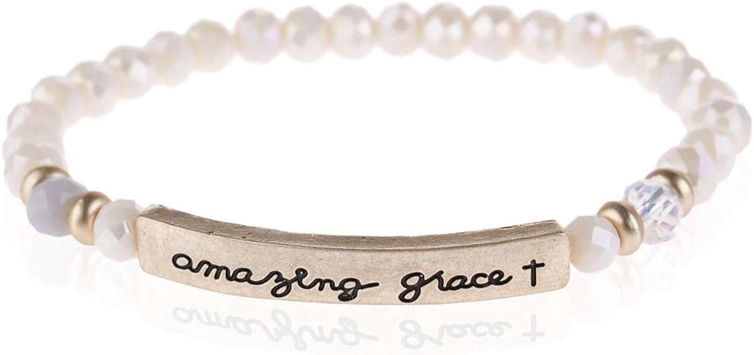 Inspiration Engraved Bar Sparkly Crystal Bead Bracelet - Religious Christian Message Stretch Strand  | Amazon (US)