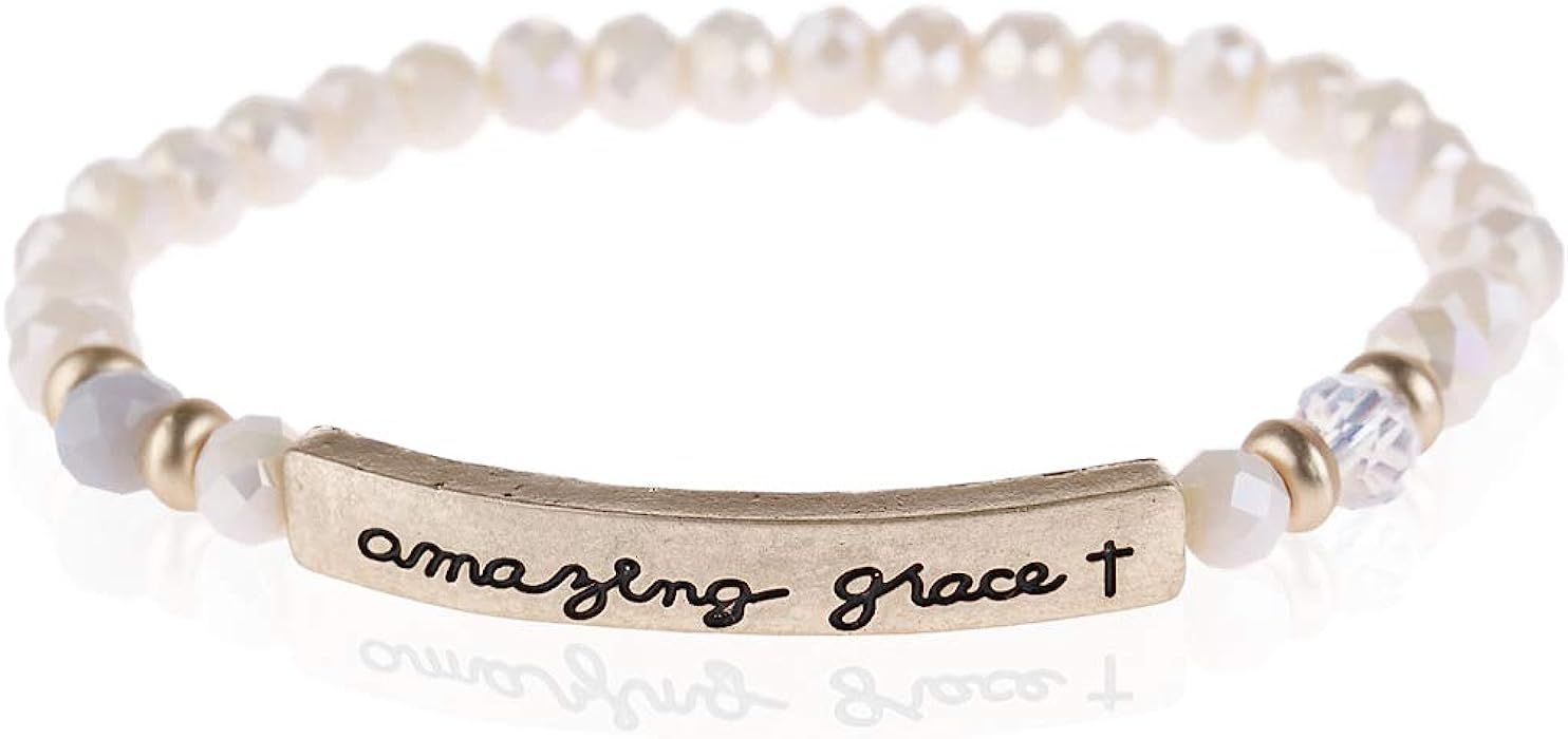 Inspiration Engraved Bar Sparkly Crystal Bead Bracelet - Religious Christian Message Stretch Strand  | Amazon (US)