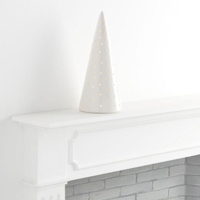 White Pierced Ceramic Cone Tree Light Up Decor 14 Inch | World Market