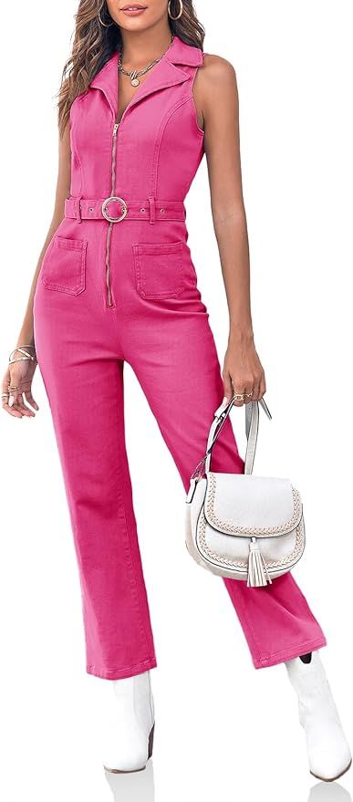 PLNOTME Women's Sleeveless Denim Jumpsuits Zip Up Belted Straight Leg Jeans Long Rompers | Amazon (US)