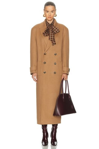 Saint Laurent Long Coat in Camel - Beige. Size 34 (also in 36, 38, 40). | FWRD 