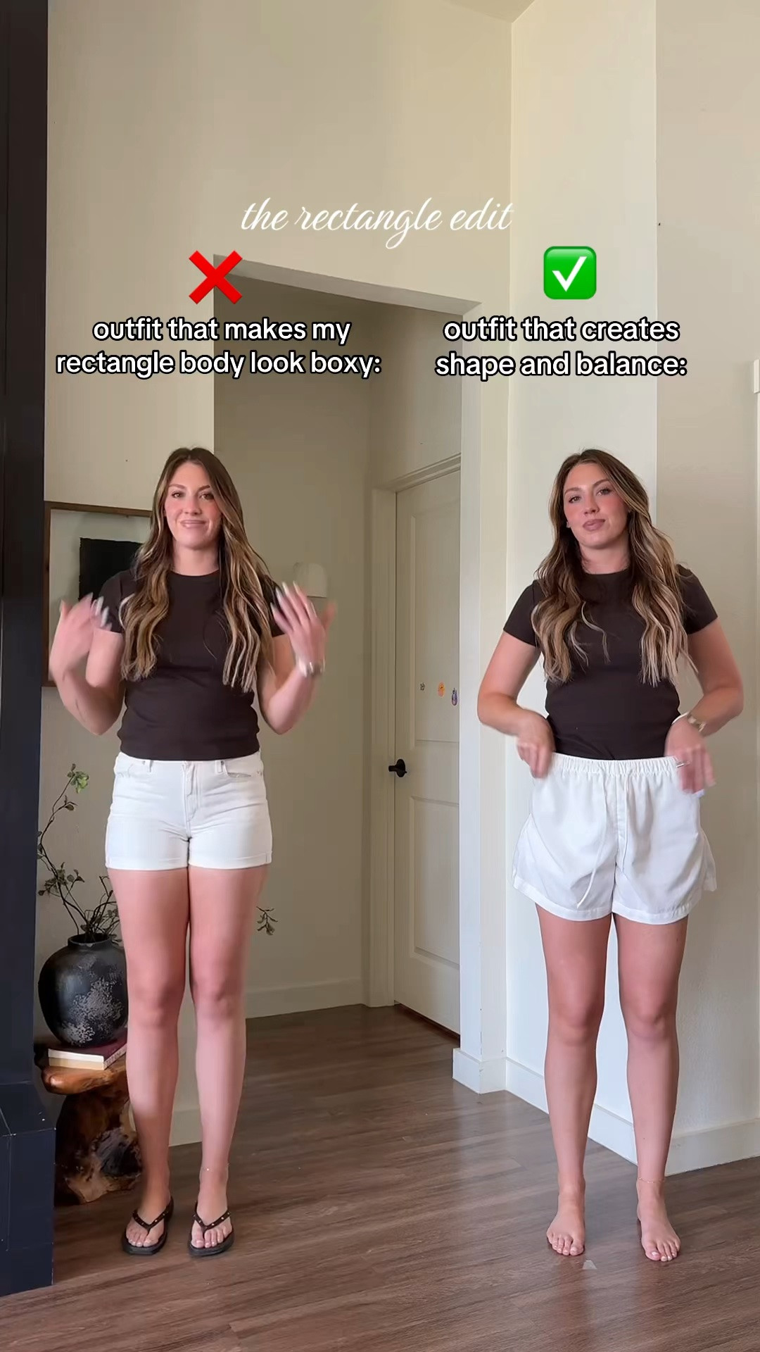 Rectangle, body types. It’s not your body. It’s how you’re styling instead of tight fit shorts plus a tight top, which adds to the boxiness, try a loose fit style short or a line shorts plus an asymmetric top! I am 510 wearing a small in the tops and medium in the white linen shorts. ￼