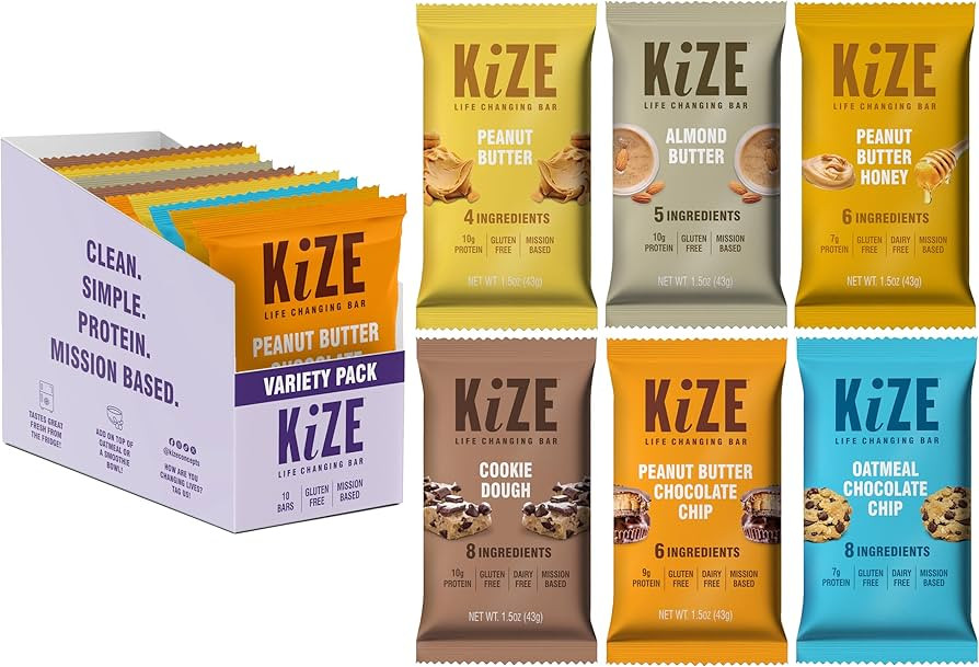 KiZE Energy Bar, Best Sellers Variety Pack, 4-8 Clean & Simple Real Food Ingredients, 7-10g Prote... | Amazon (US)