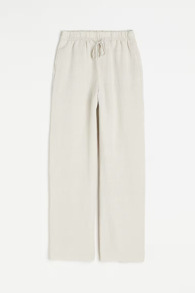 Linen-blend pull-on trousers - High waist - Long - Light beige - Ladies | H&M GB | H&M (UK, MY, IN, SG, PH, TW, HK)