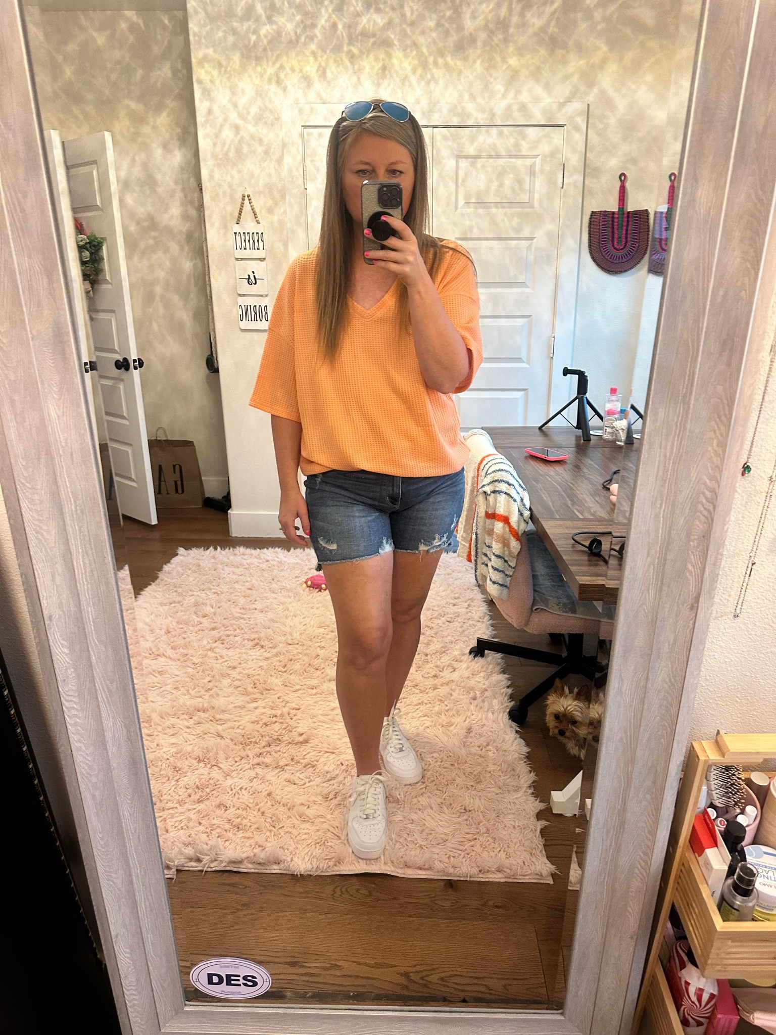 Comfy bright summer fit 😎 Amazon top, Judy Blue distressed jean shorts, white Air Force 1 tennis shoes

#LTKMidsize #LTKStyleTip #LTKShoeCrush