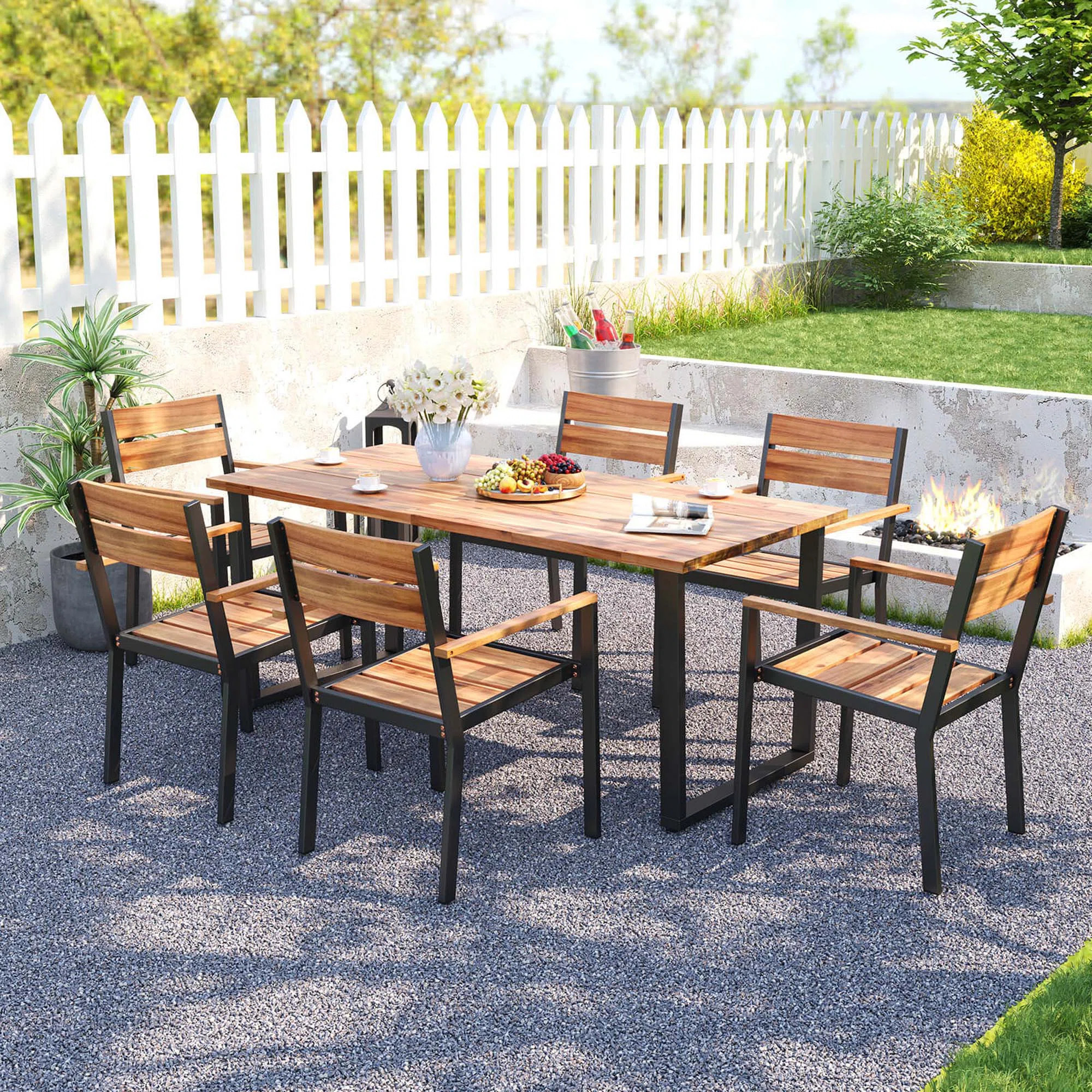 7 Pcs Acacia Wood Patio Dining Set 6 Armchairs And 69" Table With 2" Umbrella Hole | Wayfair North America