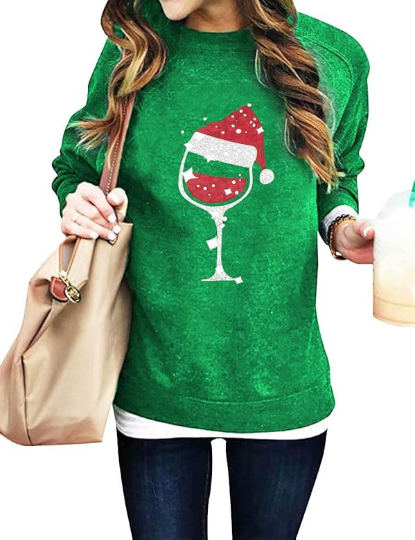SUPEYA Women Red Wine Glass Christmas Sweatshirt Funny Christmas Pullover Xmas Santa Hat Graphic ... | Amazon (US)