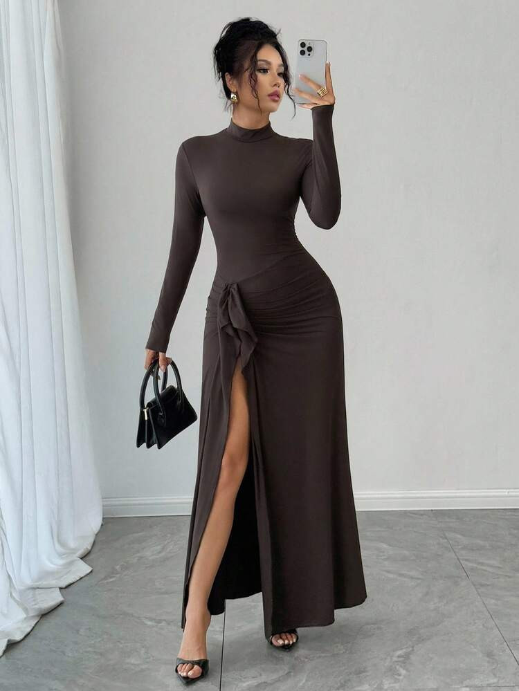DAZY High Neck Long Sleeve Dress Women, Tie Waist Fitted Split Dress | SHEIN