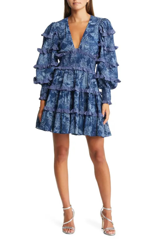 Elliatt Alvernia Ruffle Long Sleeve Minidress in Navy at Nordstrom, Size X-Small | Nordstrom