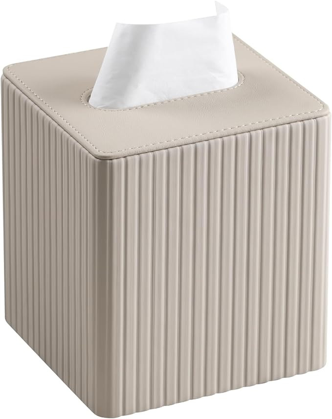 PU Leather Tissue Box Cover Square Tissue Box Holder with Magnetic Closure (Beige Stripe) | Amazon (US)