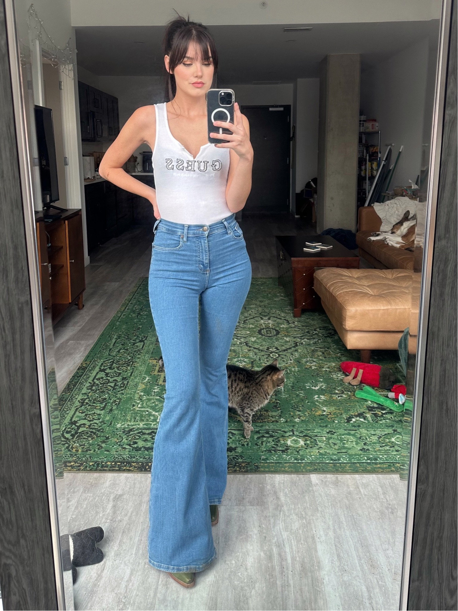 Jeans - Free People - Lee “High-Rise Ever Fit Flare” Mid Stone
Tank - Guess Factory Store Logo Tank
Boots - Dan Post “Rope Dream Western Boots - Snip Toe” Green

#LTKSeasonal #LTKFindsUnder100