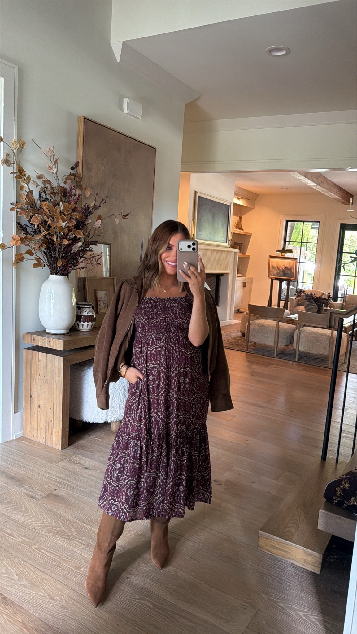Wearing xs petite in this purple print midi dress (currently 30% off!) + size xs in suede funnel neck jacket that I draped over my shoulders. Boots run tts. 

Fall dressing with Anthropologie 🤎 Sharing some of my favorite looks for the season, including elevated looks and statement pieces for fall. In love with all the rich tones, textures & trends for this season!

#LTKootd #LTKSeasonal #LTKBump