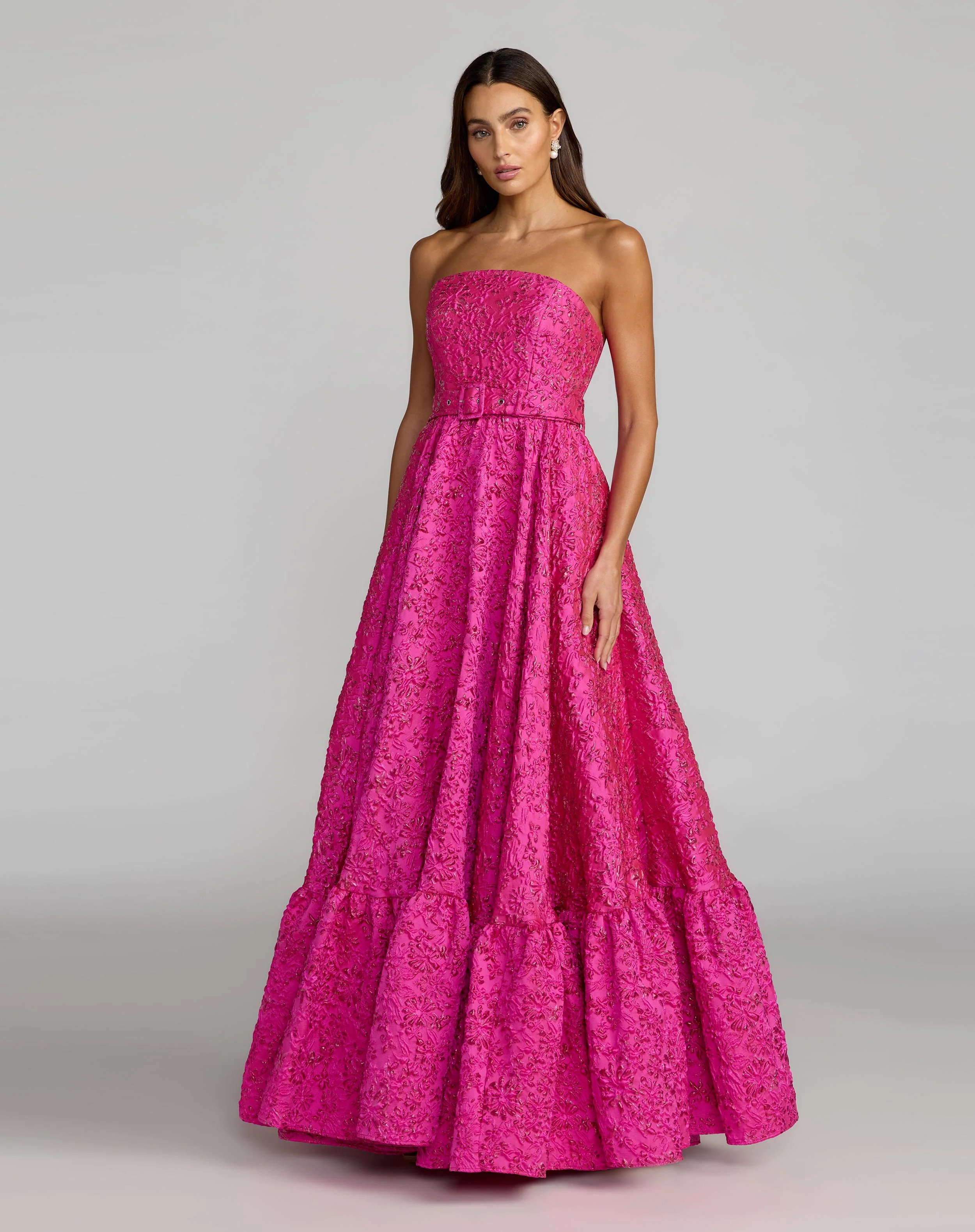 Pink Strapless Floral Brocade Ball Gown With Belt | Mac Duggal | Mac Duggal