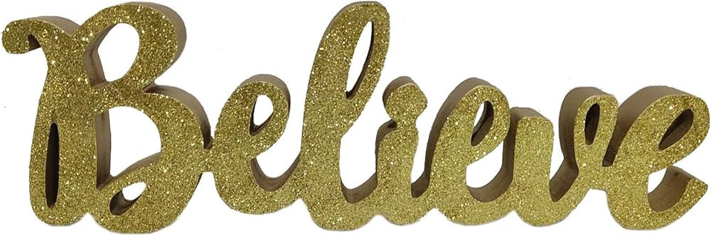 Windy Hill Collection 16" x 5.5" Believe Freestanding Cutout Wood Block Home Décor 850007 (Gold) | Amazon (US)