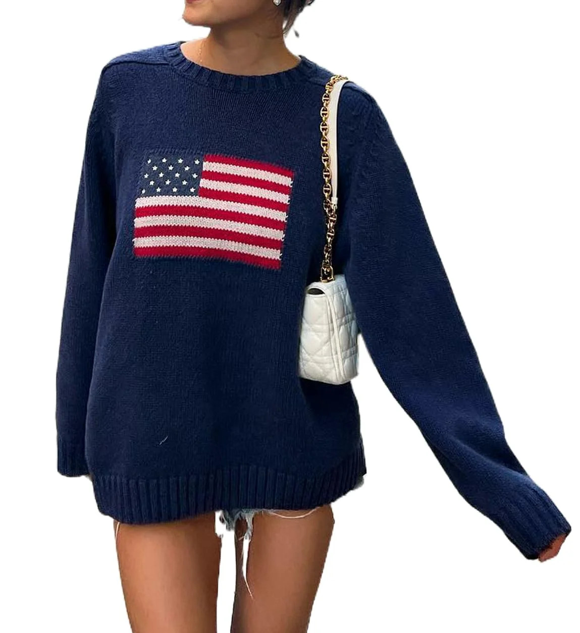 Women Y2K Vintage Loose Casual Sweater Long Sleeve Round Neck American Flag Print Knit Pullovers ... | Walmart (US)