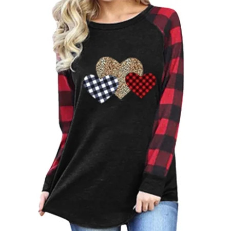 Lumento Women's Long Sleeve Shirts Crewneck Leopard Hearts Print Pullover Top Black XL | Walmart (US)