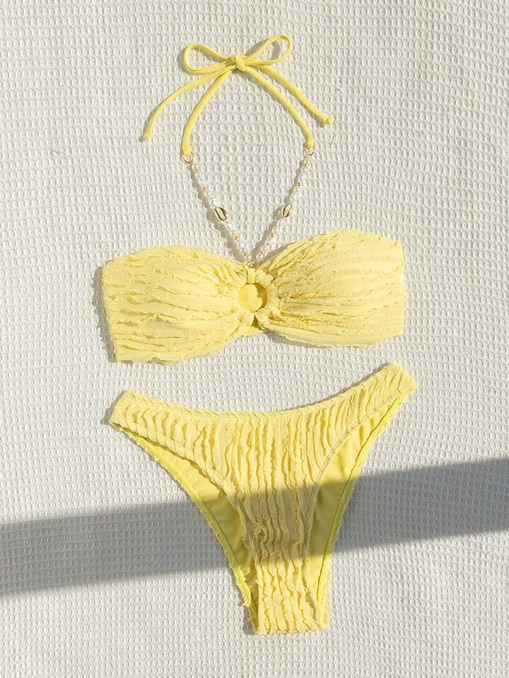 SHEIN Swim Mod Summer Beach Women's Bikini Swimwear Set With Fashionable Halter Neck Bikini Top A... | SHEIN