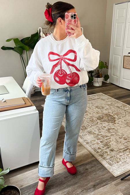 Casual outfit with pops of red 🍒❤️ crewneck is on my tiktok shop showcase (how cute!?) 

#LTKfindsunder50 #LTKSeasonal #LTKshoecrush