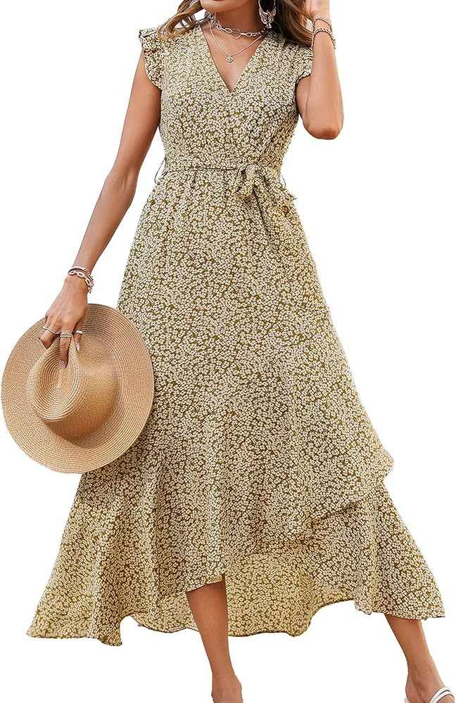 BTFBM Women Summer Dresses 2024 Ruffle Cap Sleeve V Neck Belt Wrap Split Boho Floral Long Casual ... | Amazon (US)