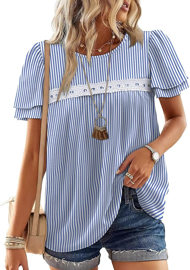 OFEEFAN Blouses for Women Dressy Casual Peplum Babydoll Tops Ruffle Short Sleeve Shirts Plus Size... | Amazon (US)