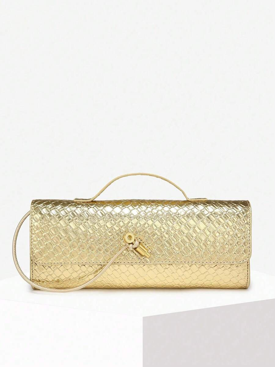 Women Vintage Minimalist Faux Woven Texture Angola Red Retro Flap Lock Large Capacity Clutch Bag,... | SHEIN