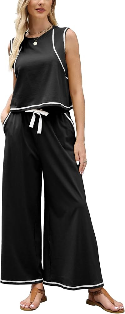 Ynhonra Women\u2019s 2 Piece Lounge Set Sleeveless Tank Top & Wide Leg Pants Contrast Trim Relaxe... | Amazon (US)