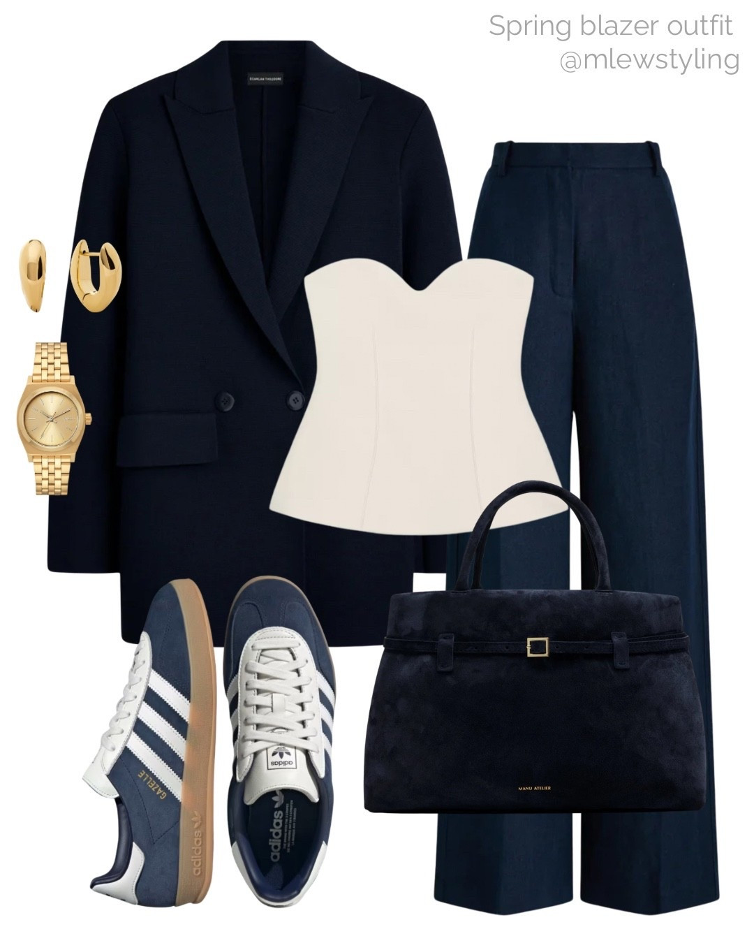 Elevated spring outfit with a navy blue blazer 💙

Tags: navy trousers, blue suede bag manu atelier, blue & white adidas sneakers, Zara sweetheart top, Nixon gold watch, hoop earrings, capsule wardrobe 

#LTKValentine 

#LTKWorkwear #LTKootd