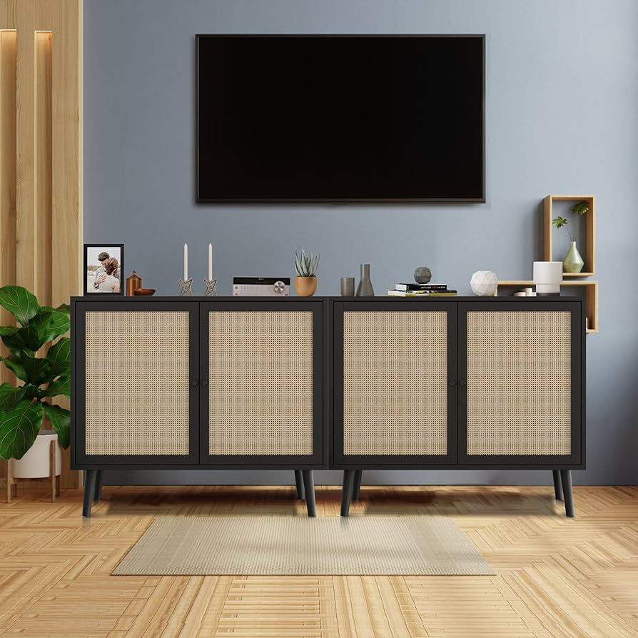 Sideboard Buffet Cabinet,Kitchen Storage Cabinet with Rattan Decorated Doors,4 Doors Console Tabl... | Amazon (US)