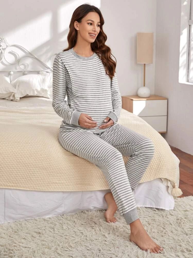 Maternity Striped Nursing Top & Pants Set | SHEIN