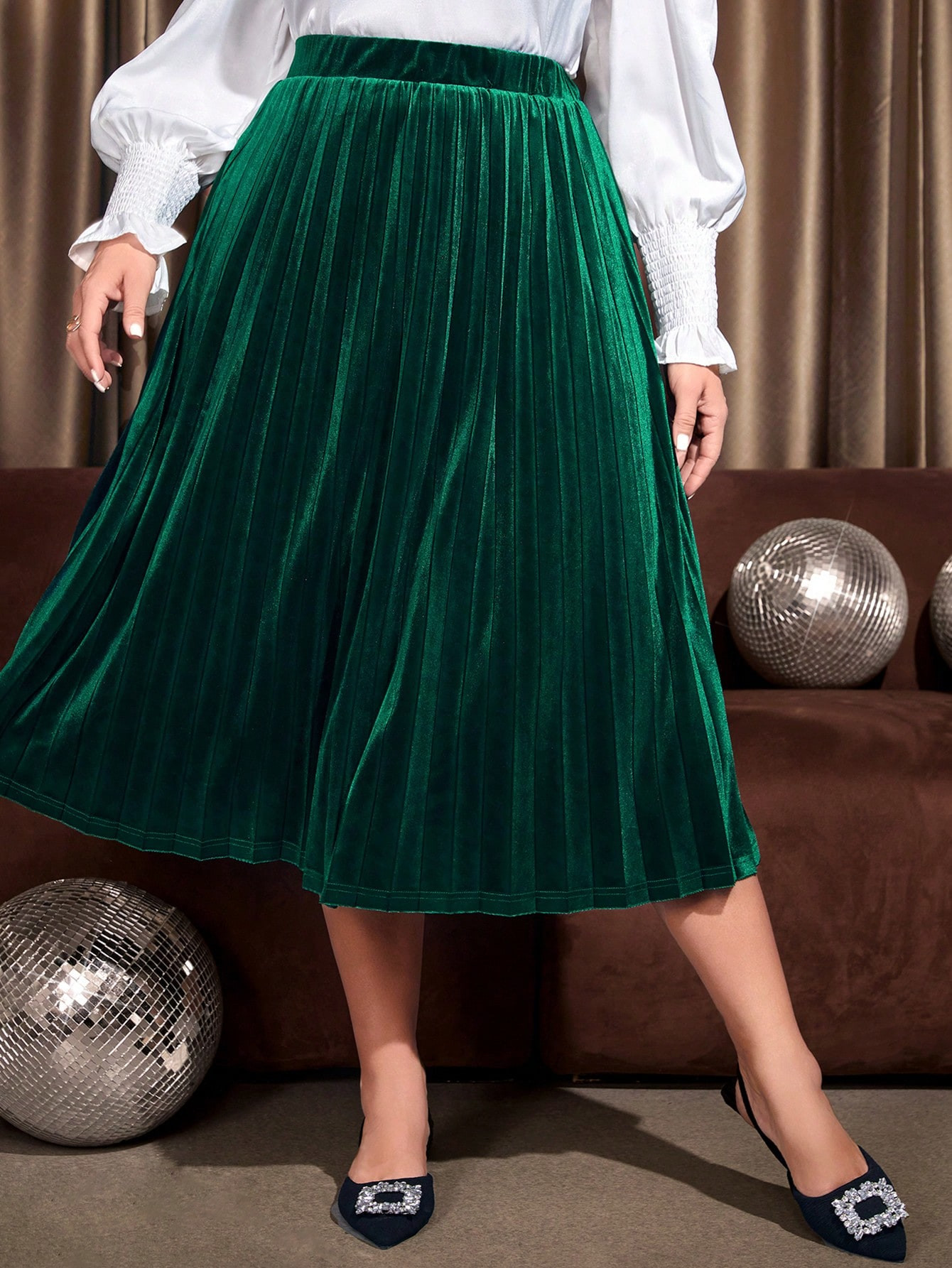 EMERY ROSE Plus Elastic Waist Velvet Pleated Skirt | SHEIN