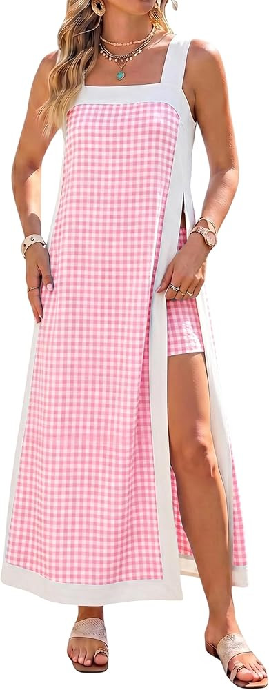 Bankeng Women's 2 Piece Sets Casual Square Neck Color Block Sleeveless Plaid Maxi Dress Matching ... | Amazon (US)