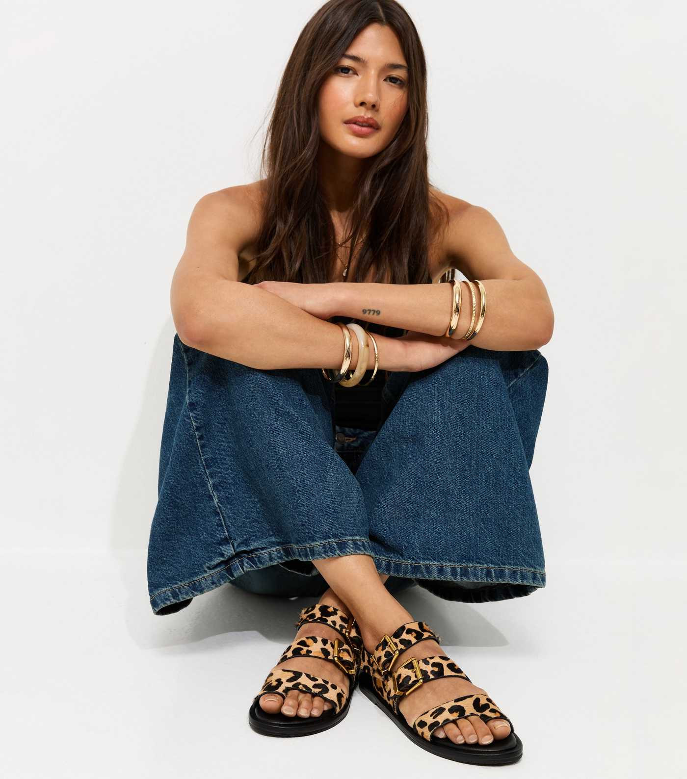 Premium Leather Stone Leopard Print Buckle Strap Sandals | New Look | New Look (UK)