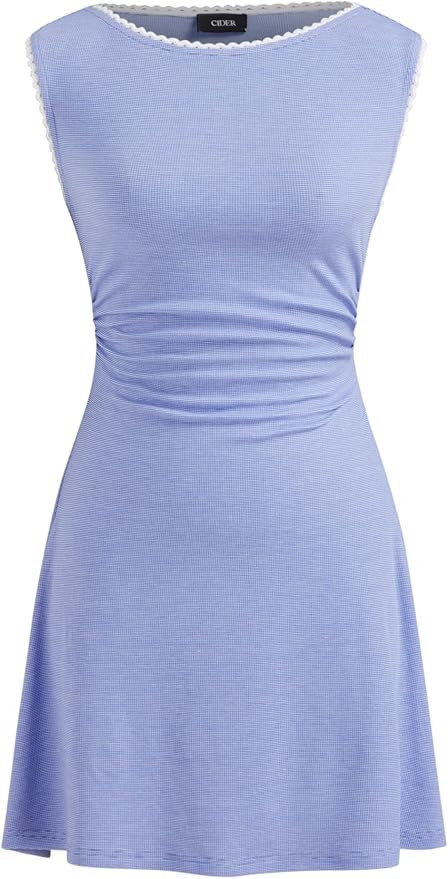 CIDER Women's Summer Mini Dress Boat Neck Sleeveless Ruched Tie Back Cute Casual Dresses Nightgow... | Amazon (US)