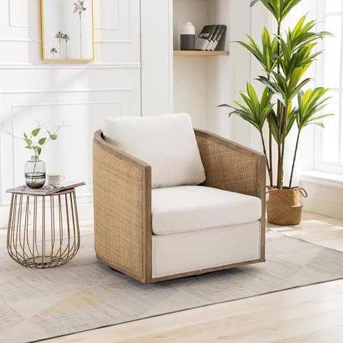 Anwick Brown Swivel Barrel Chair & Rattan Accent Chair, Modern Club Chair, Small Chair, Corner Chairs & Reading Chair for Bedroom, Living Room, Reading Nook, Adults (Beige Boucle) | Amazon (US)