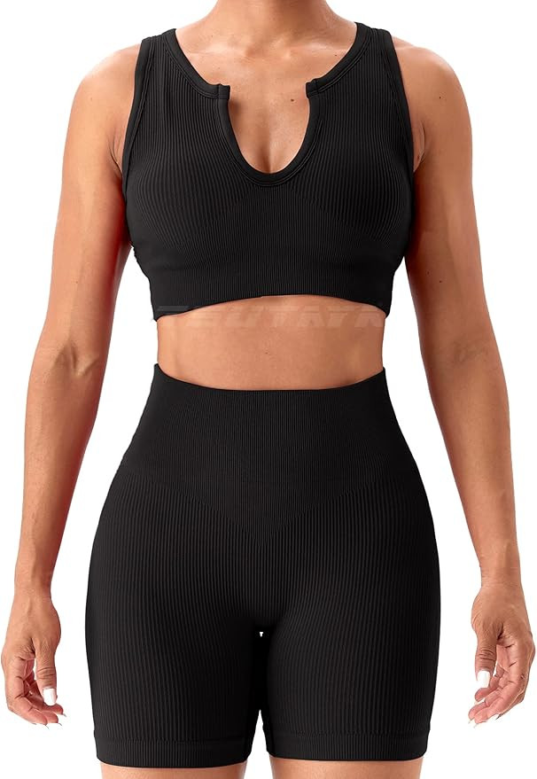 TSUTAYA Workout Sets for Women 2 Piece Ribbed Biker Shorts Seamless Gym Sports Bra Casual Summer ... | Amazon (US)