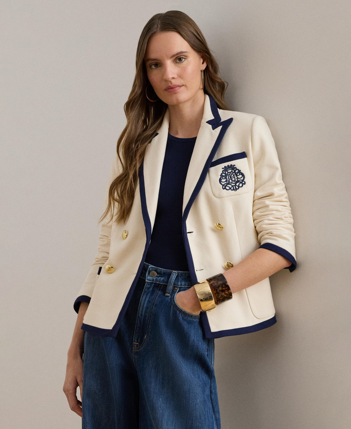 Lauren Ralph Lauren Women's Two-Tone Double-Breasted Peak Lapel Blazer - Mascarpone Cream/Refined Navy | Macy's