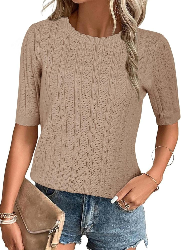 Arach&Cloz Women's Spring Summer Scalloped Short Sleeve Tops Textured Shirts | Amazon (US)