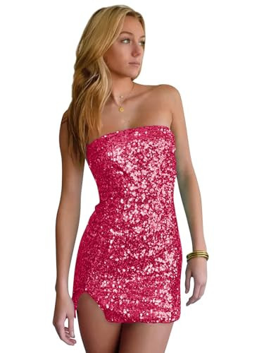 PAVERJER Hot Pink Sequin Tight Homecoming Dresses for Teens Plus Size Strapless Prom Gown Mini Bodycon Cocktail Party Gowns US 26W | Amazon (US)